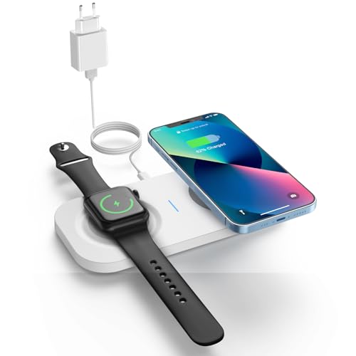 2 IN 1 Kabellose Ladepad, JoyGeek Dual Induktive Ladestation für iPhone 15/14/13/12/11/Pro/ProMax/XR/X/8, iWatch 8/7/6/SE/5/4/3/2, Air pods 3/2, Wireless Charger für Samsung S22/S21, Weiß von JoyGeek