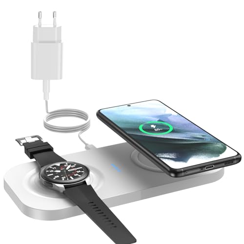 JoyGeek 2 in 1 Induktive Ladestation, Wireless Charger für Samsung S23/S22/S21/Z Flip/Fold, Induktionsladegerät für Galaxy Watch 6/5/4/Active, Kabelloses Ladegerät für Galaxy Buds-Weiß von JoyGeek