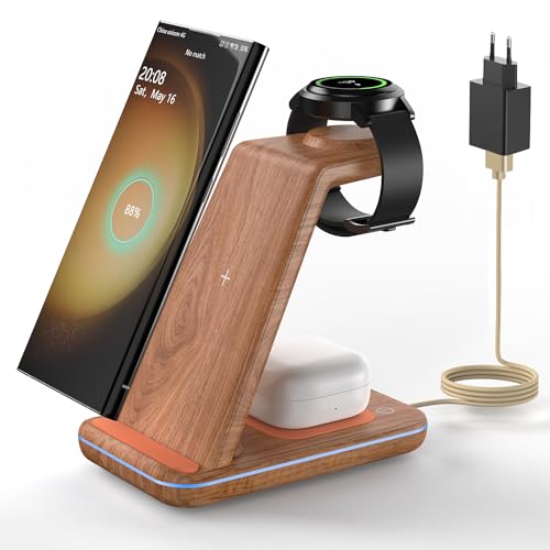 JoyGeek 3 in 1 Induktive Ladestation für Samsung, Wireless Charger für Samsung S24/S23/S22/S21/Z Flip/Fold, Induktionsladegerät für Galaxy Watch 6/5/4, Kabelloses Ladegerät für Galaxy Buds-Bambus von JoyGeek