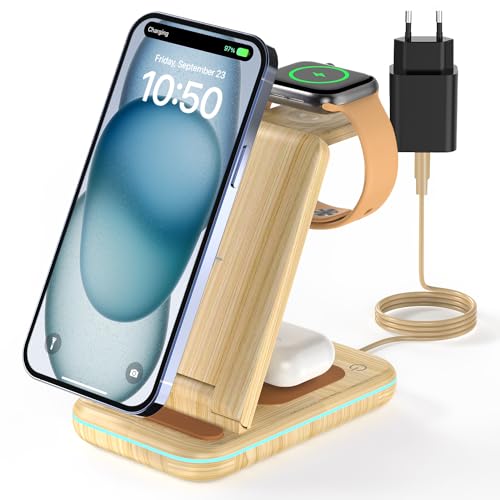 JoyGeek 3 in 1 Kabelloses Ladegerät, Faltbar Wireless Charger für i Phone 15/14/13/12/11/Pro Max/X, Induktive Ladestation für iWatch 9/Ultra/SE/8/7/6/5/4, AirPods 2/3/Pro,Bamboo Wood Grain von JoyGeek