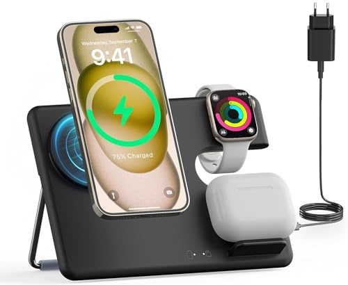 JoyGeek Ladegerät mit MagSafe, 3 in 1 Ladestation für Apple Watch und für iPhone 15/14/13/12/Plus/Pro Max, Faltbar Charging Station für iWatch 2-Ultra 2, Wireless Charger für AirPods 2-Pro 2-Schwarz von JoyGeek