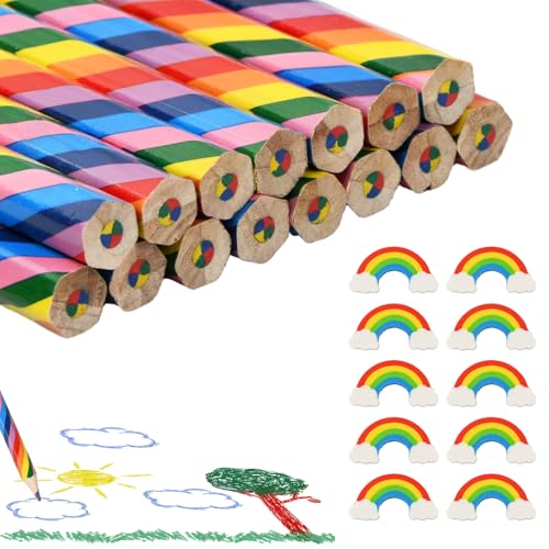 Joyan 4 in 1 Farbstifte mit 15 Regenbogen Radiergummis, 15 Stück Kinder Regenbogen Stifte, Flexible Radierer, für Zeichnung Skizzieren und Färbung, für Kinder Erwachsene Schule Basteln von Joyan