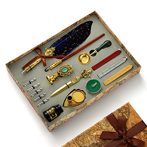 Joyeee Glitzernde Feder und Tinte Set, 16 Stück Antik Dip Federmäppchen Mit Siegelwachs Stempel Kit - Weihnachten Geschenkbox für Ihn Schreiben, Zeichnen & Home Desk Retro Dekoration #86 von Joyeee