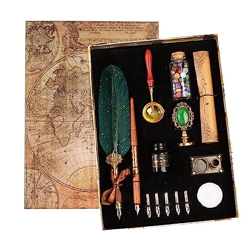 Joyeee Quill Pen Ink Set, Include Feather Pen Ink Bottles, Calligraphy Dip Pen Nibs, Wax Stamp, Sealing Wax Spoon, Schreibpapier, Stifthalter Ständer, Geschenk für Männer & Frauen von Joyeee