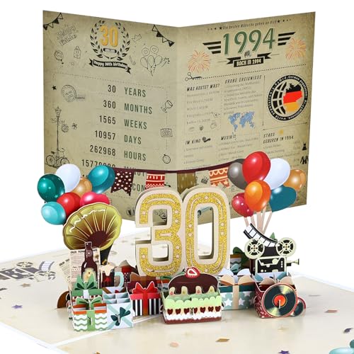 Joyoldelf 30. Geburtstagskarte 1994 Geburtstag - Pop Up Grußkarten Grußkarte, 3D Pop Up Karte Jahrgang Geschenk, Geburtstagskarten mit Umschlag, Geburtstagsgeschenk für Männer Frauen Jubiläum von Joyoldelf