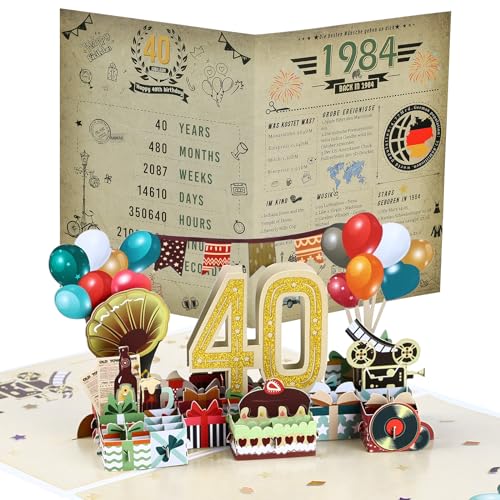 Joyoldelf 40. Geburtstagskarte, 1984 Jahrgang Geschenk, Pop Up Grußkarten, 3D Pop Up Karte Geburtstag Grußkarte, Geburtstagskarten mit Umschlag, Geburtstagsgeschenk für Männer Frauen Jubiläum von Joyoldelf