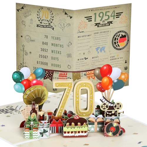 Joyoldelf 70. Geburtstagskarte, 1954 Jahrgang Geschenk, Pop Up Grußkarten, 3D Pop Up Karte Geburtstag Grußkarte, Geburtstagskarten mit Umschlag, Geburtstagsgeschenk für Männer Frauen Jubiläum von Joyoldelf