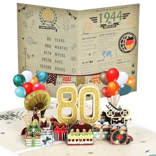 Joyoldelf 80. Geburtstagskarte, 1944 Jahrgang Geschenk, Pop Up Grußkarten, 3D Pop Up Karte Geburtstag Grußkarte, Geburtstagskarten mit Umschlag, Geburtstagsgeschenk für Männer Frauen Jubiläum von Joyoldelf