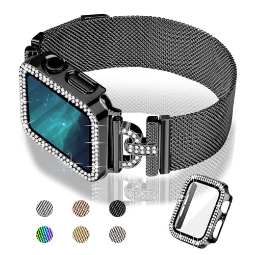 JOYOZY Magnetisches Armband, kompatibel mit Apple Watch, 38 mm, 40 mm, 41 mm, 42 mm, 44 mm, 45 mm, Milanaise-Armband mit glitzernder Hülle und Displayschutzfolie, elegante Edelstahl-iWatch-Schlaufe von Joyozy