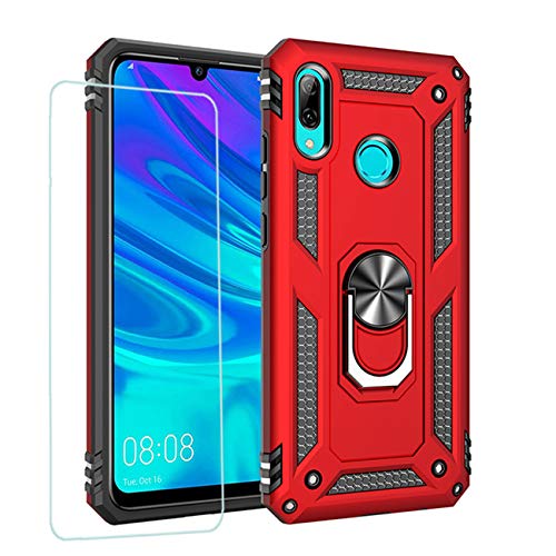 JOYTAG Hülle für Huawei P Smart 2019，handyHülle+ Gehärtetes Glas Schutzfolie Silikon TPU 360 Grad Drehring aus Halter magnetisch Autotelefon case-Rote von Joytag