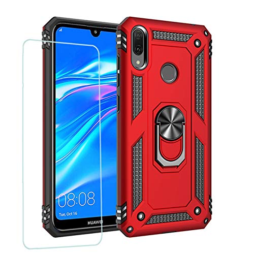 JOYTAG Hülle für Huawei Y7 2019，handyHülle+ Gehärtetes Glas Schutzfolie Silikon TPU 360 Grad Drehring aus Halter magnetisch Autotelefon case-Rote von Joytag