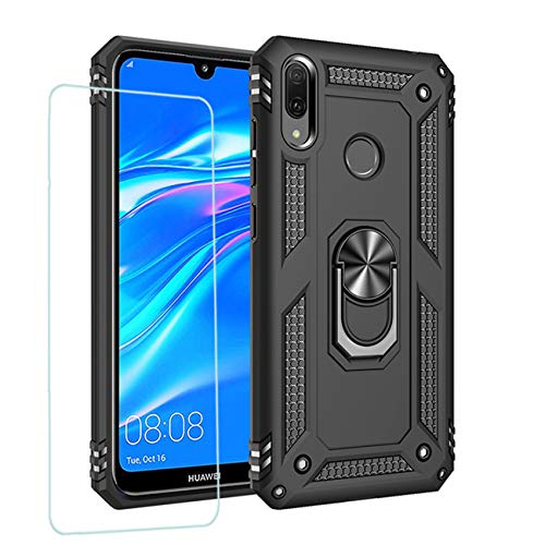 JOYTAG Hülle für Huawei Y7 2019，handyHülle+ Gehärtetes Glas Schutzfolie Silikon TPU 360 Grad Drehring aus Halter magnetisch Autotelefon case-Schwarz von Joytag