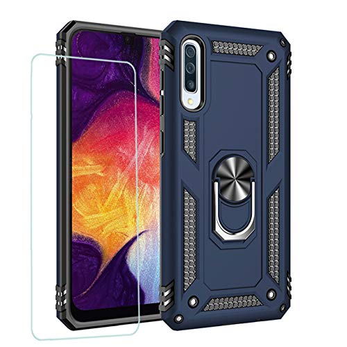 JOYTAG Hülle für Samsung A50 handyHülle+ Gehärtetes Glas Schutzfolie Silikon TPU 360 Grad Drehring aus Halter magnetisch Autotelefon case-Blau von Joytag