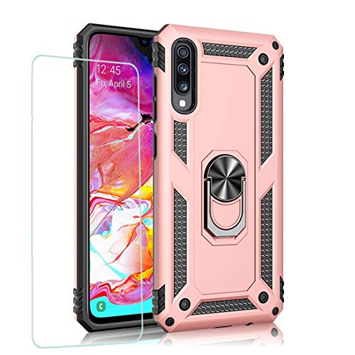 JOYTAG Hülle für Samsung A70 handyHülle+ Gehärtetes Glas Schutzfolie Silikon TPU 360 Grad Drehring aus Halter magnetisch Autotelefon case-Rosé Gold von Joytag