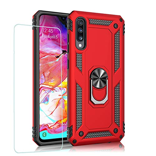 JOYTAG Hülle für Samsung A70 handyHülle+ Gehärtetes Glas Schutzfolie Silikon TPU 360 Grad Drehring aus Halter magnetisch Autotelefon case-Rote von Joytag