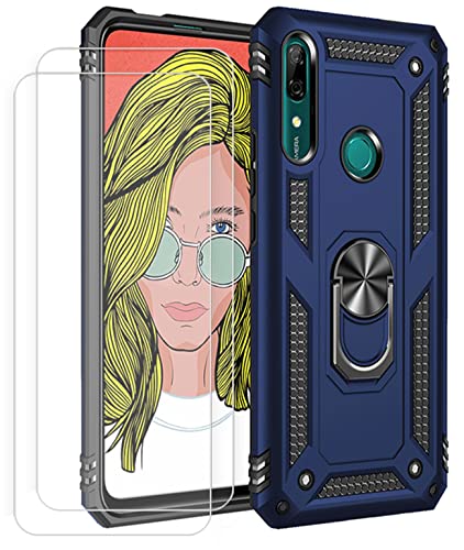 JOYTAG Hülle für Huawei P Smart Z Hülle，handyHülle+ Gehärtetes Glas Schutzfolie [2 Stück] Silikon TPU 360 Grad Drehring aus Halter magnetisch Autotelefon case-Blau von JOYTAG