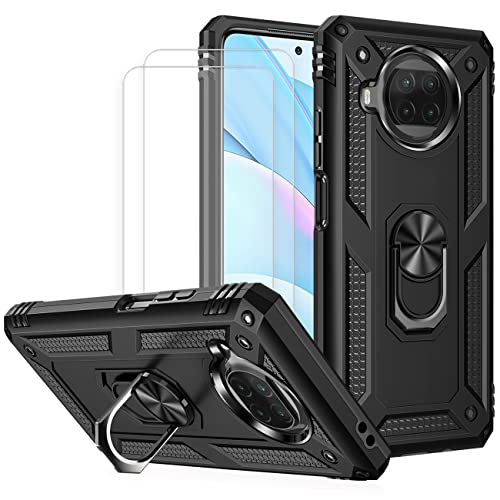 JOYTAG kompatibel für Xiaomi Mi 10T Lite 5G Hülle，handyHülle+ Gehärtetes Glas Schutzfolie [2 Stück] Silikon TPU 360 Grad Drehring aus Halter magnetisch Autotelefon case-Schwarz von Joytag