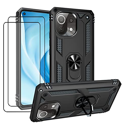 JOYTAG kompatibel für Xiaomi Mi 11 Lite/Mi 11 Lite 5G Hülle，handyHülle+ Gehärtetes Glas Schutzfolie [2 Stück] Silikon TPU 360 Grad Drehring aus Halter magnetisch Autotelefon case-Schwarz von Joytag