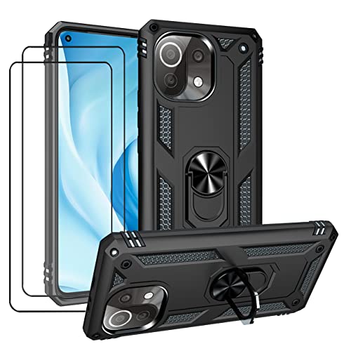 JOYTAG Hülle für Xiaomi Mi 11 Lite/Mi 11 Lite 5G Hülle，handyHülle+ Gehärtetes Glas Schutzfolie [2 Stück] Silikon TPU 360 Grad Drehring aus Halter magnetisch Autotelefon case-Schwarz von JOYTAG