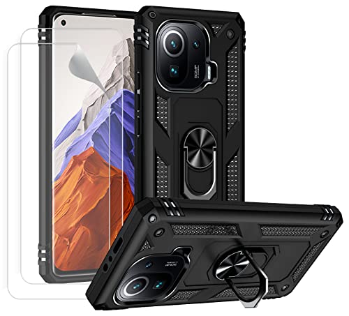 JOYTAG kompatibel für Xiaomi Mi 11 Pro Hülle,handyHülle+Schutzfolie [2 Stück] Silikon TPU 360 Grad Drehring aus Halter magnetisch Autotelefon case-Schwarz von Joytag