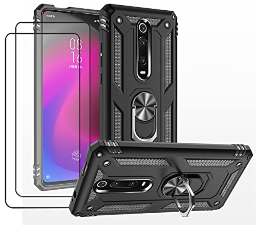JOYTAG Hülle für Xiaomi Mi 9T/MI 9T Pro Hülle，handyHülle+ Gehärtetes Glas Schutzfolie [2 Stück] Silikon TPU 360 Grad Drehring aus Halter magnetisch Autotelefon case-Schwarz von JOYTAG