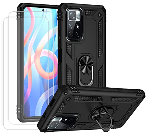 JOYTAG kompatibel für Xiaomi Poco M4 Pro 5G Hülle，handyHülle+ Gehärtetes Glas Schutzfolie [2 Stück] Silikon TPU 360 Grad Drehring aus Halter magnetisch Autotelefon case-Schwarz von Joytag