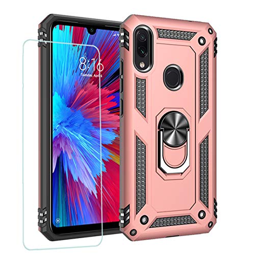 Joytag Hülle für Xiaomi Redmi Note 7 handyHülle+ Gehärtetes Glas Schutzfolie Silikon TPU 360 Grad Drehring aus Halter magnetisch Autotelefon case-Rosé Gold von Joytag