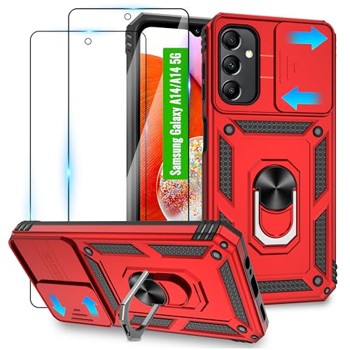 Jshru Handyhülle für Samsung Galaxy A14 Hülle Kameraschutz mit 2 STK Schutzfolie,360° Drehbarer Metall Ring Ständer,Militär Standard Schutzhülle für Samsung A14-Rot Jshru Handyhülle für Samsung Galaxy A14 Hülle Kameraschutz mit 2 STK Schutzfolie,360° Drehbarer Metall Ring Ständer,Militär Standard Schutzhülle für Samsung A14-Rot von Jshru