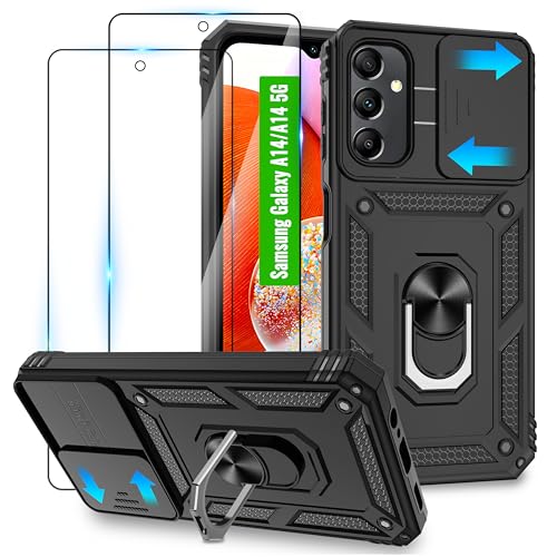 Handyhülle for Samsung Galaxy A14 4G/5G Hülle,Kameraschutz Hülle mit 360° Drehbarer Metall Ring Ständer[mit 2 Schutzfolie],Militär Standard Handy Hülle für Samsung A14-Schwarz von Jshru