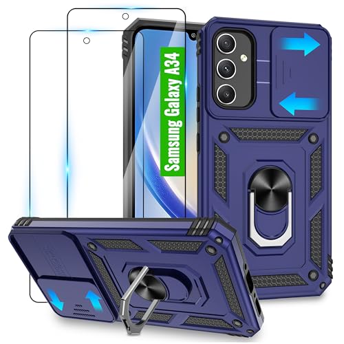 Jshru Handyhülle für Samsung Galaxy A34 5G Hülle[mit 2 Schutzfolie] Kameraschutz Hülle für Samsung A34 5G,mit360° Drehbarer Metall Ring Ständer,Militär Stoßfest Handy Hülle für Galaxy a34 5g,Blau von Jshru