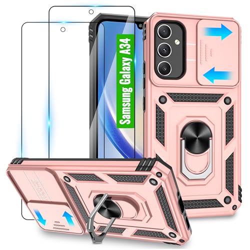 Jshru Handyhülle für Samsung Galaxy A34 5G Hülle[mit 2 Schutzfolie] Kameraschutz Hülle für Samsung A34 5G,mit360° Drehbarer Metall Ring Ständer,Militär Stoßfest Handy Hülle für Galaxy a34 5g,Roségold von Jshru