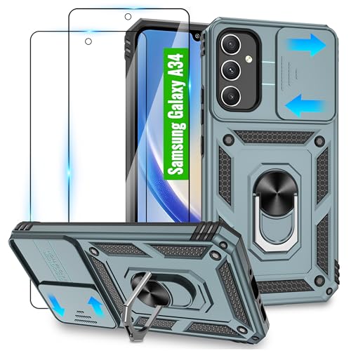Jshru Handyhülle für Samsung Galaxy A34 5G Hülle[mit 2 Schutzfolie] Kameraschutz Hülle für Samsung A34 5G,mit360° Drehbarer Metall Ring Ständer,Militär Stoßfest Handy Hülle für Galaxy a34 5g,Grün von Jshru