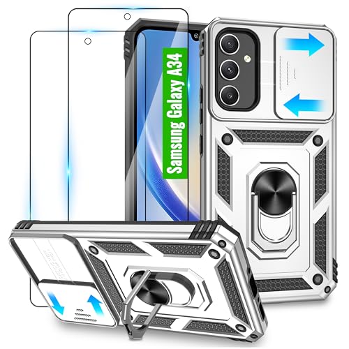 Jshru Handyhülle für Samsung Galaxy A34 5G Hülle[mit 2 Schutzfolie] Kameraschutz Hülle für Samsung A34 5G,mit360° Drehbarer Metall Ring Ständer,Militär Stoßfest Handy Hülle für Galaxy a34 5g,Silber von Jshru