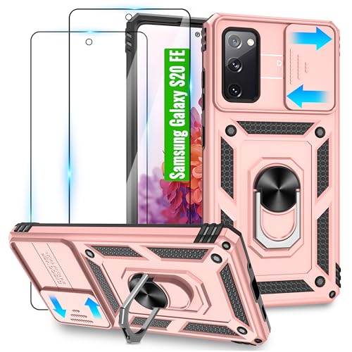 Jshru Handyhülle für Samsung Galaxy S20 FE Hülle,mit 360° Drehbarer Metall Ring Ständer[mit 2 Schutzfolie] Militär Standard Stoßfest Case,Kameraschutz Handyhülle für Samsung S20 FE 4G/5G,Roségold von Jshru