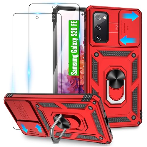 Jshru Handyhülle für Samsung Galaxy S20 FE Hülle,mit 360° Drehbarer Metall Ring Ständer[mit 2 Schutzfolie] Militär Standard Stoßfest Case,Kameraschutz Handyhülle für Samsung S20 FE 4G/5G,Rot von Jshru