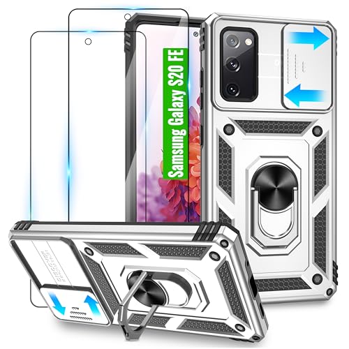 Jshru Handyhülle für Samsung Galaxy S20 FE Hülle,mit 360° Drehbarer Metall Ring Ständer[mit 2 Schutzfolie] Militär Standard Stoßfest Case,Kameraschutz Handyhülle für Samsung S20 FE 4G/5G,Silber von Jshru