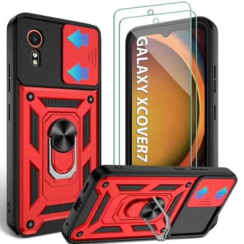 Jshru Handyhülle für Samsung Galaxy XCover 7 Hülle mit 2 Stück Schutzfolie Militärisch Stoßfest Schutzhülle Kameraschutz Schutz,360° Ring Ständer Kratzfest Case für Galaxy XCover7,Rot von Jshru