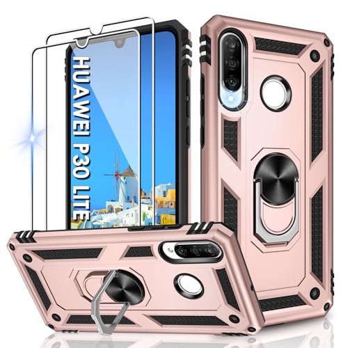 Jshru Hülle für Huawei P30 Lite Handyhülle Militärische Stoßsichere Schutzhülle mit 2 Stück Schutzfolie, mit 360° Metall Ring Ständer doppellagig Case für Huawei P30 Lite,Roségold von Jshru