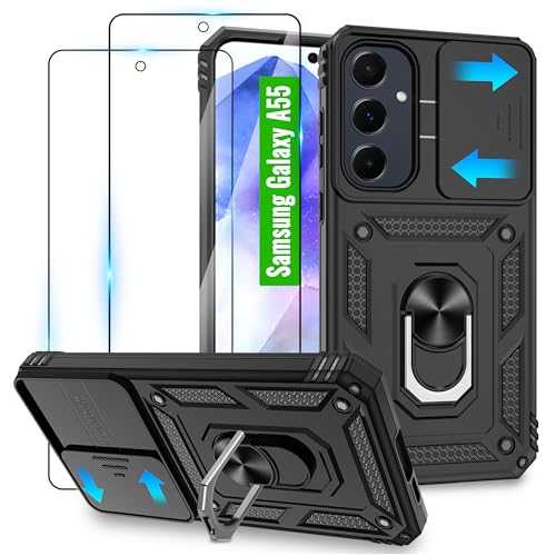 Jshru für Samsung Galaxy A55 5G Hülle und 2 Stück HD-Schutzfolie,A55 Militär Stoßfest Handyhülle mit 360° Drehbarer Metall Ring Ständer,Anti-Kratzer hülle für Samsung Galaxy A55,Schwarz Jshru für Samsung Galaxy A55 5G Hülle und 2 Stück HD-Schutzfolie,A55 Militär Stoßfest Handyhülle mit 360° Drehbarer Metall Ring Ständer,Anti-Kratzer hülle für Samsung Galaxy A55,Schwarz von Jshru