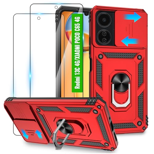 Jshru für Xiaomi Redmi 13C Hülle/Xiaomi Poco C65 Hülle und 2 Stück HD-Schutzfolie,Redmi 13C Militär Stoßfest Handyhülle mit 360° Drehbarer Metall Ring Ständer,Anti-Kratzer hülle für Redmi 13C,Rot von Jshru