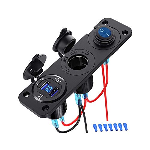 Jtron 12V QC 3.0 USB Steckdose Panel, 3 in 1 wasserdichter Knopfschalter mit LED Voltmeter Ein/Aus Schalter Zigarettenanzünder für LKW, Boot, Wohnmobil von Jtron