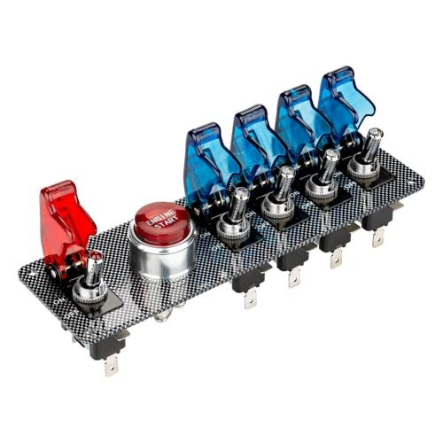 Jtron DC12V Flip-Up-Zündschalter-Panel, 5-in-1-Auto-Motorstart-Druckknopf-LED-Kippschalter-Panel für Rennsport-Wettkampfauto(4 Blau 1 Rot) von Jtron