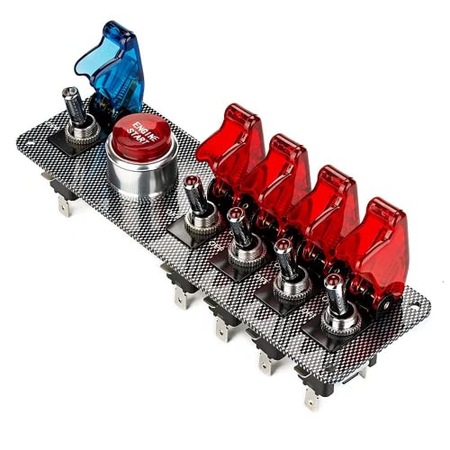 Jtron DC12V Hochklappbares Zündschalterfeld, 5-in-1-Auto-Motorstart-Druckknopf-LED-Kippschalter für Rennsport-Wettkampfwagen(4 Rot 1 Blau) von Jtron