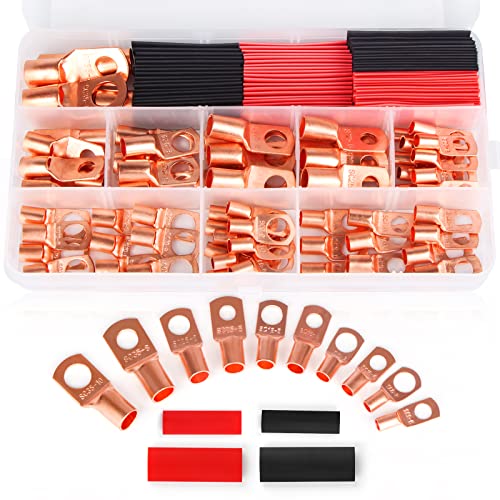 JuKonn Kupferdraht-Ösen AWG2 4 6 8 10 12 mit Schrumpfschlauch-Set, 70 Stück Batterie-Kabelschuhe, Ringklemmen, Stecker mit 60 Stück Schrumpfschlauch-Sortimentskit von JuKonn