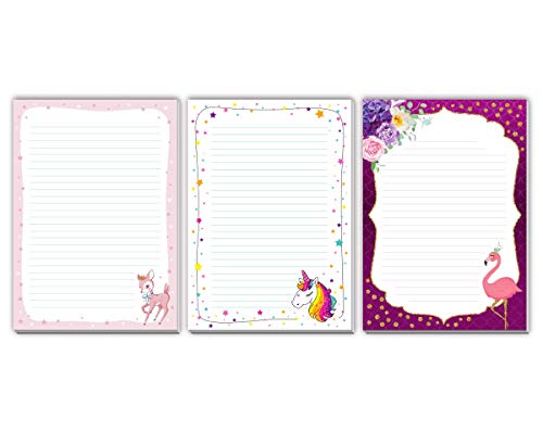 3 Blöcke Schreibblock mit Kindermotiv Einhorn Bambi Flamingo (3 Blöcke mit je 25 Blätter in A4-Format) von JuNa-Experten