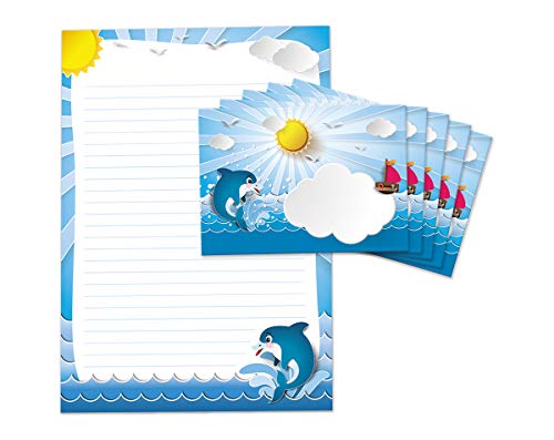 JuNa-Expe​​rten Briefblock + Umschlag für Kinder "Delfin" – A4 Briefpapier-Set, Mädchen und Jungen, 25 Liniertes Blätter + 15 Umschläge, Delfin-Design Briefbögen, Schreibprojekte von JuNa-Experten