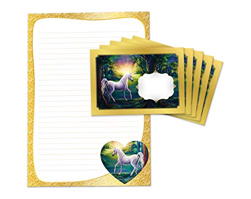 Briefblock mit Umschlag für Kinder Einhorn gold Briefpapier-Set (Block A4 mit 25 Blätter + 15 Umschläge) von JuNa-Experten