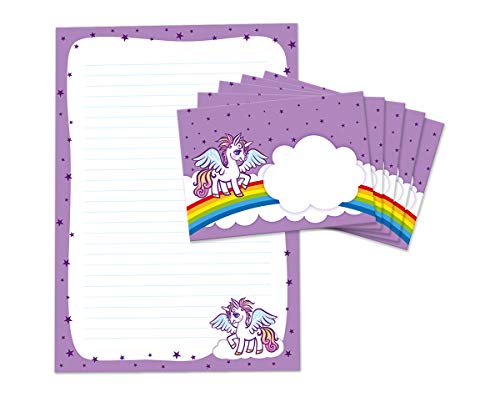 Briefblock mit Umschlag für Kinder Einhorn lila Briefpapier-Set (Block A4 mit 25 Blätter + 15 Umschläge) von JuNa-Experten