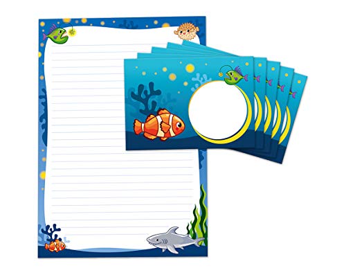 Briefblock mit Umschlag für Kinder Hai Briefpapier-Set (Block A4 mit 25 Blätter + 15 Umschläge) von JuNa-Experten