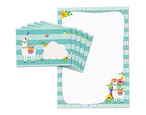 Briefblock mit Umschlag für Kinder Lama Briefpapier-Set KARIERT (Block A4 mit 25 Blätter + 15 Umschläge) von JuNa-Experten